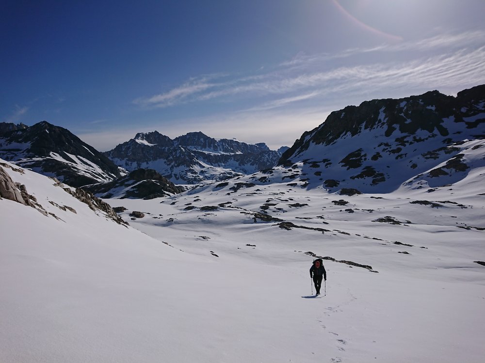 Looking back at Avocado climbing the last climb of the pass