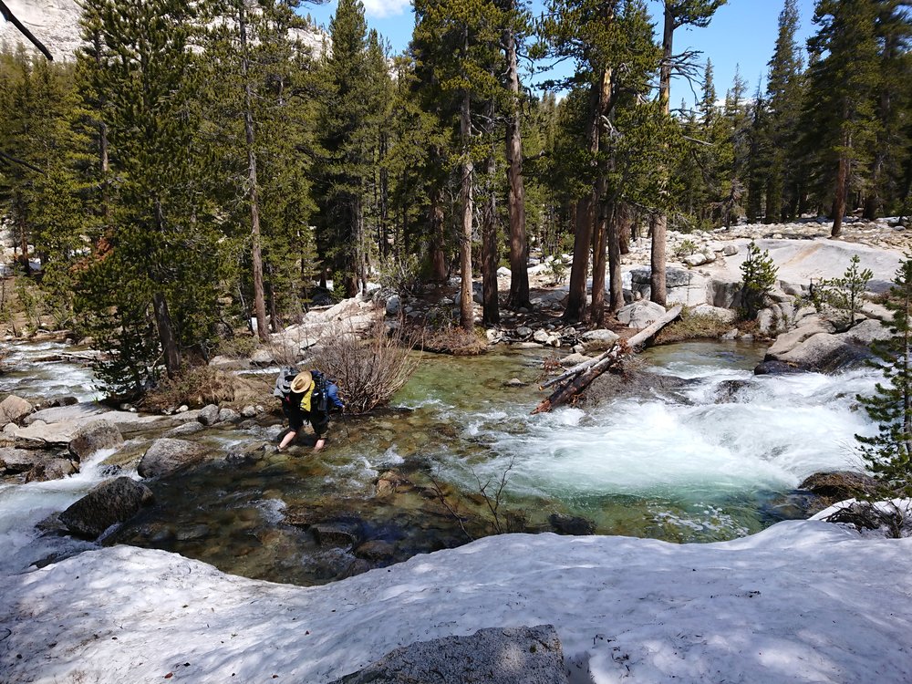 Pacecar and Groover crossing a creek between Pinchot Pass and Mather Pass just ahead of us