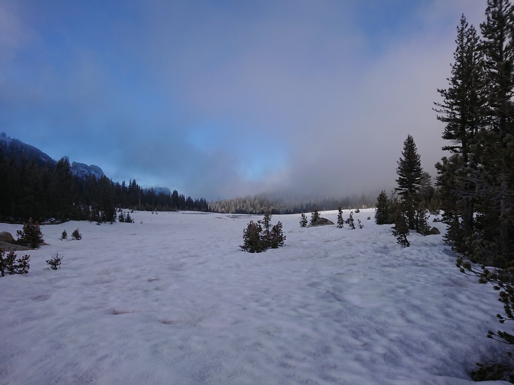 The big snow covered meadow on the JMT
