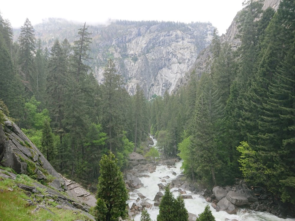 Looking towards the valley on the Mist Trail downstream from the two falls